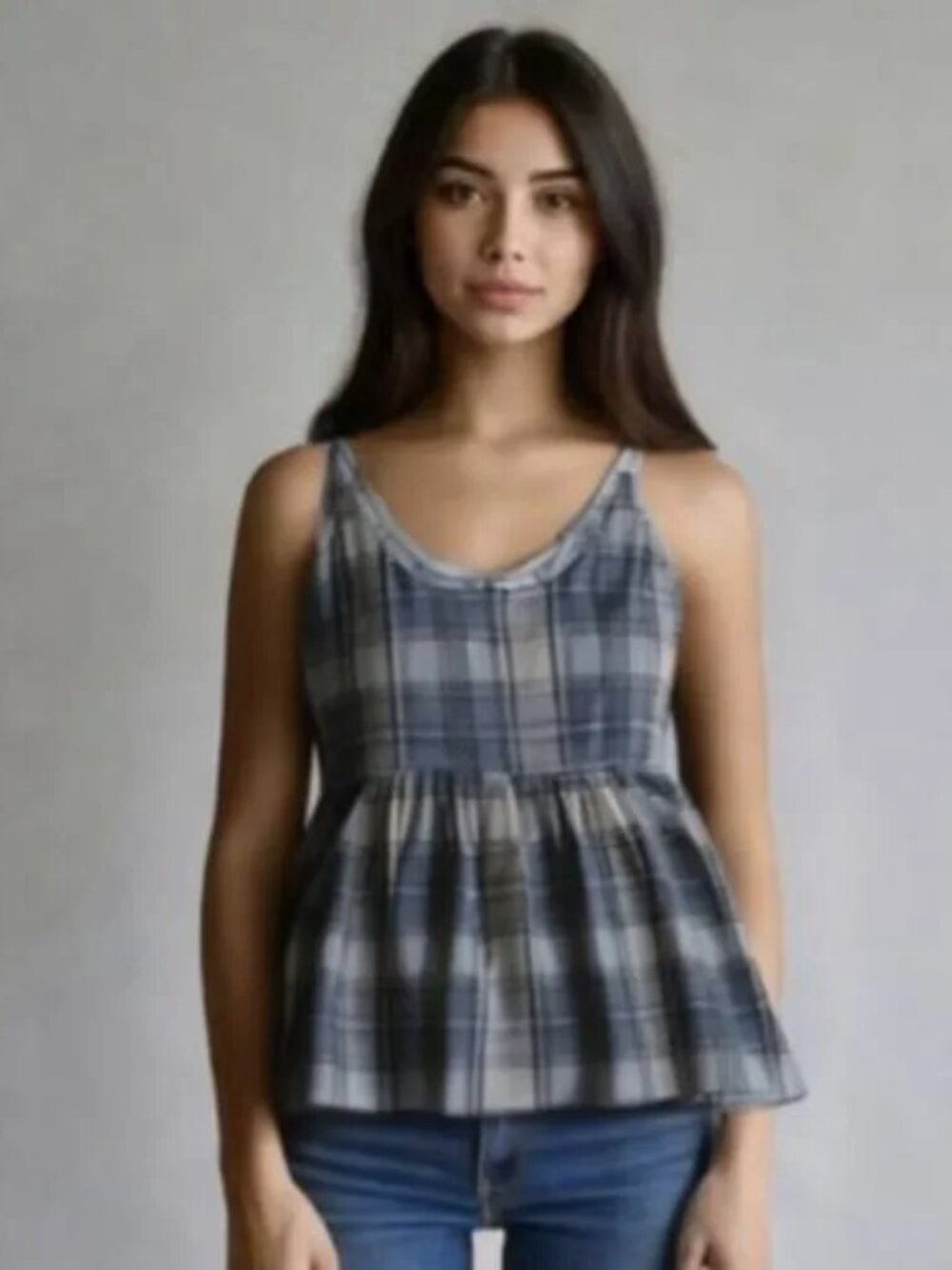 Rue21 Women Plus Spaghetti Babydoll Tank Top Blue Plaid Rayon size XL NWT